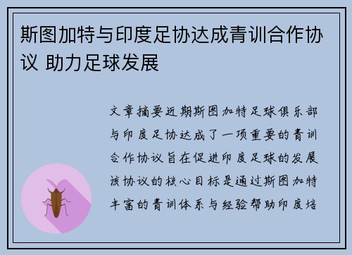 斯图加特与印度足协达成青训合作协议 助力足球发展