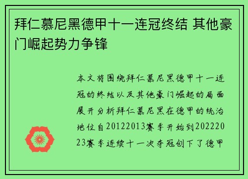 拜仁慕尼黑德甲十一连冠终结 其他豪门崛起势力争锋 拜仁慕尼黑德甲十一连冠终结 其他豪门崛起势力争锋